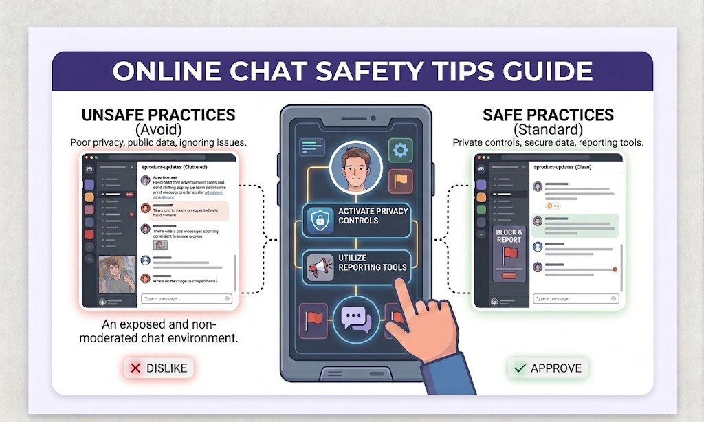 Graphic illustrating key online chat safety tips like privacy controls and reporting tools