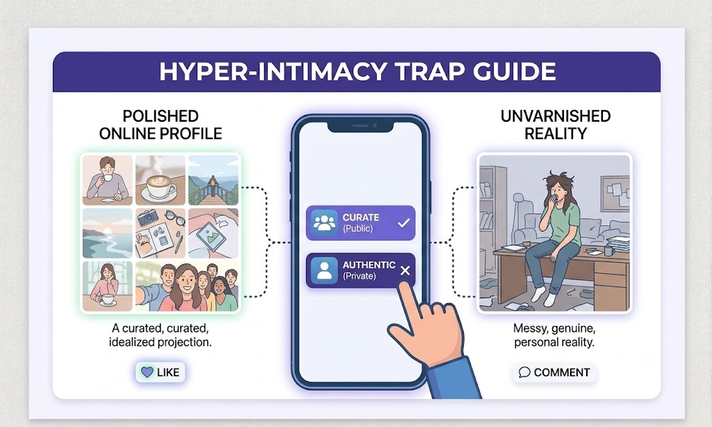 [Suggest placing an image showing a polished online profile vs reality to represent the hyper-intimacy trap]