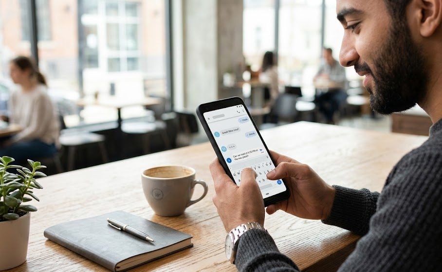 Mobile user swiping through a modern messaging smartphone application dashboard