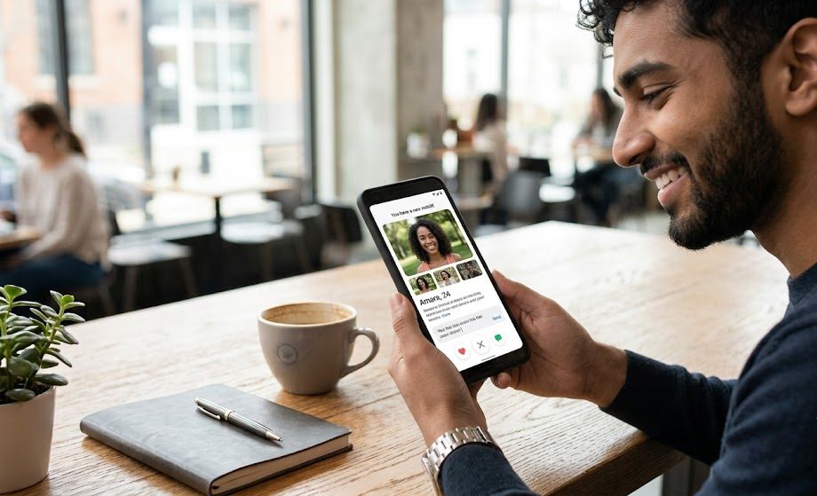 Young adult smiling while using a clean and secure video chat application on a smartphone