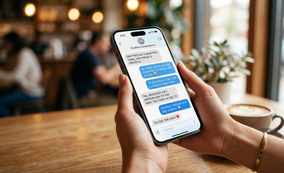 A beautifully lit smartphone display showing a clean text chat, emphasizing positive digital communication.