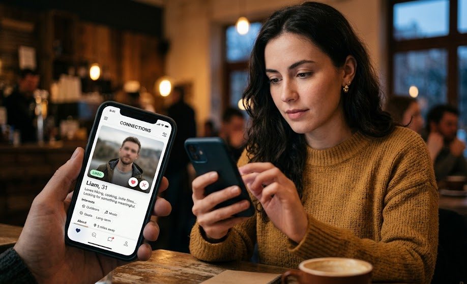 A close-up shot of a person thoughtfully scrolling through a modern smartphone app, highlighting the personal choices behind digital dating.
