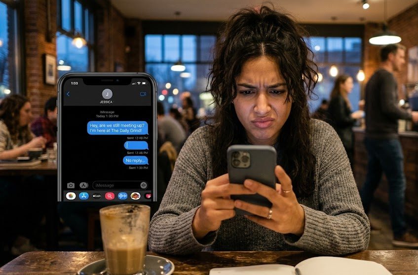 A confused person sitting on a couch checking their mobile screen for a message.