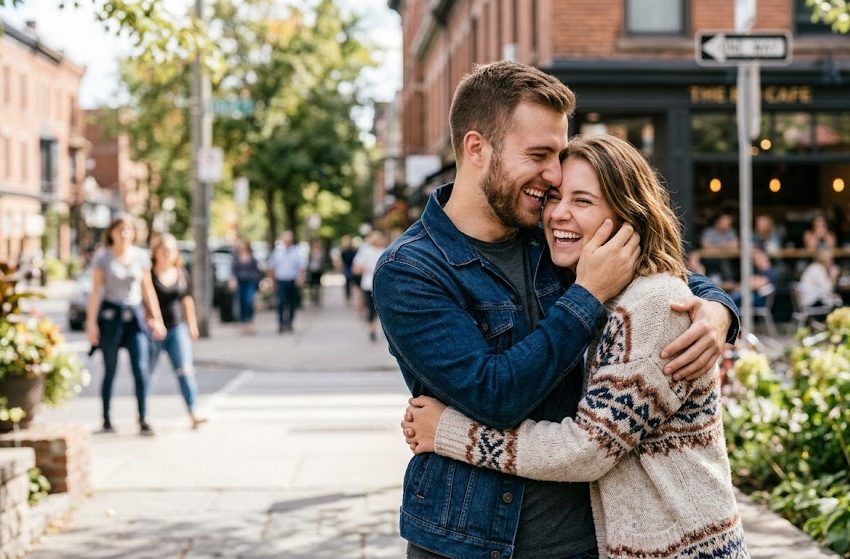 A happy young couple laughing and sharing a close, affectionate moment together outdoors.