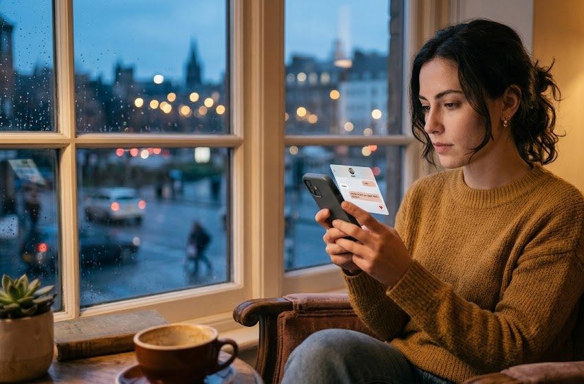 A person looking thoughtfully at their smartphone while sitting by a window, contemplating a new relationship.