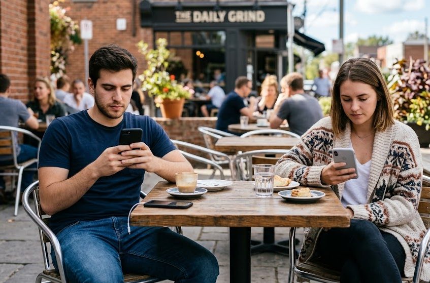 Two people sitting slightly apart at an outdoor table looking down at their phones.